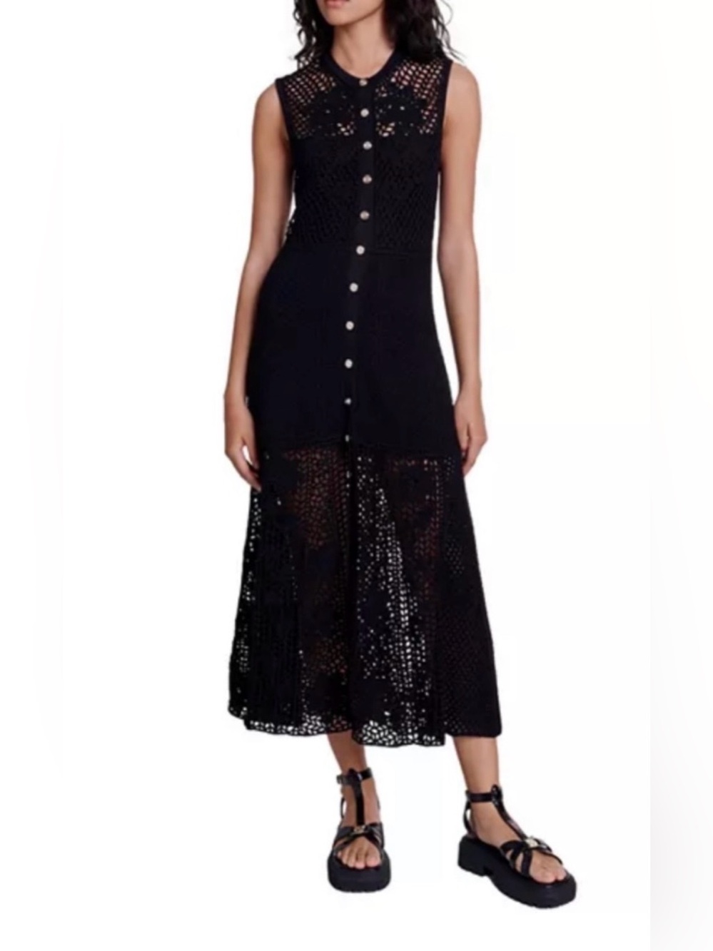 Maje Black Sleeveless Crochet Button-Down Midi Dress